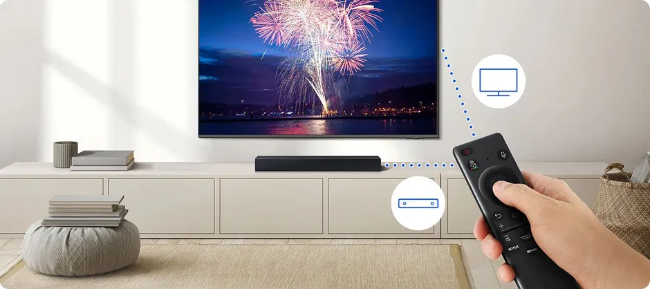 Samsung HW-B400F sotto un televisore in salotto