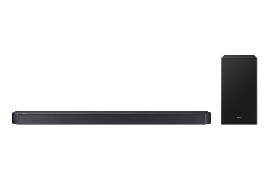Samsung HW-Q600F — soundbar e subwoofer wireless su sfondo bianco