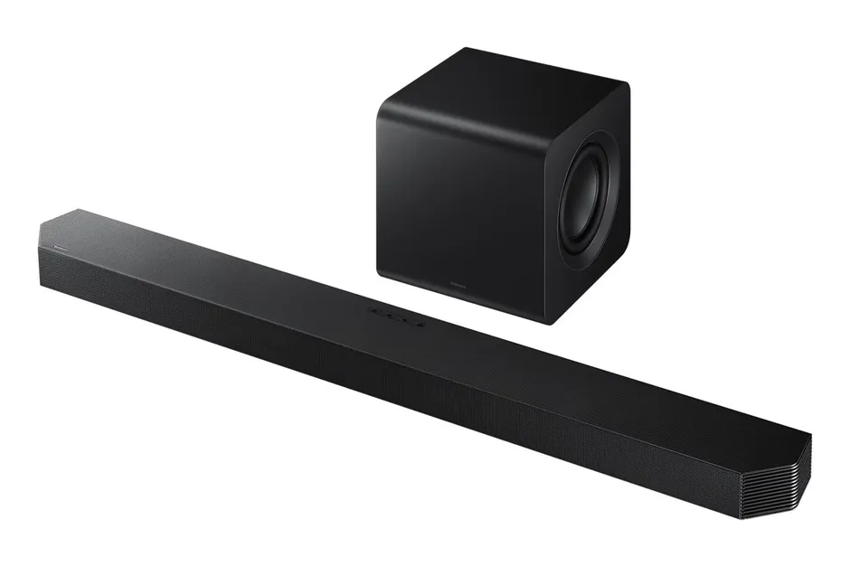 Soundbar Samsung HW-Q800F vista di tre quarti con il subwoofer