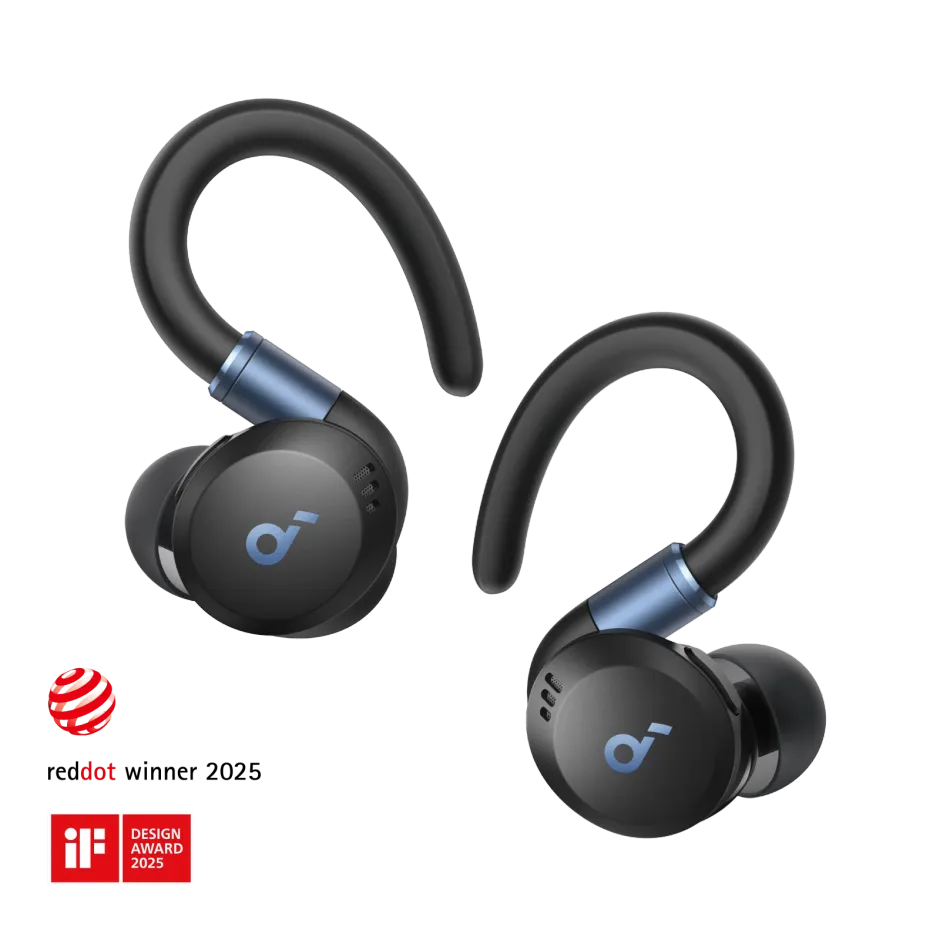 Soundcore Sport X20 — vista frontale auricolari con gancio auricolare