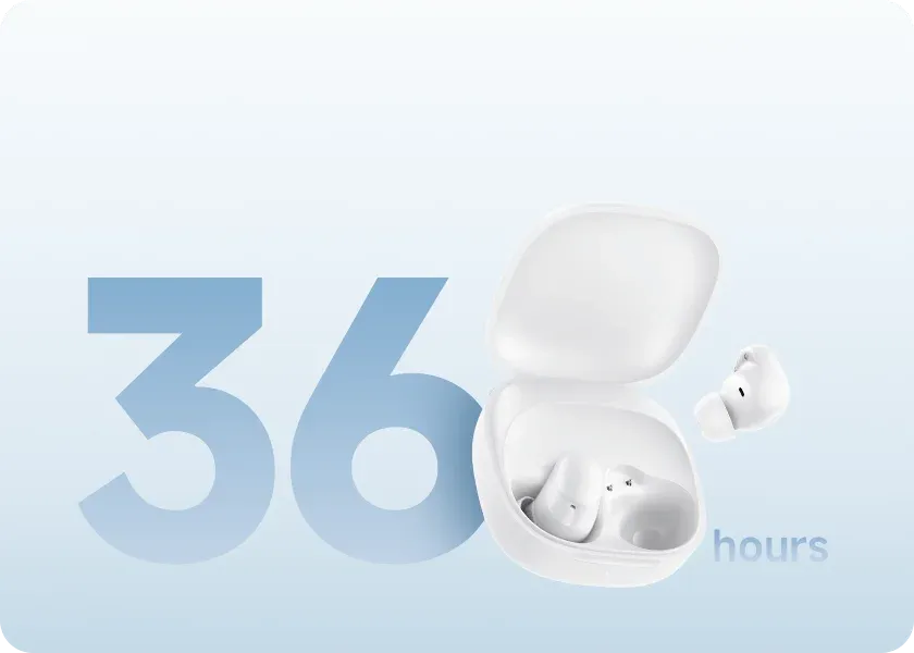 Xiaomi Redmi Buds 6 Play — custodia aperta con auricolari inseriti, grafica autonomia 36 ore