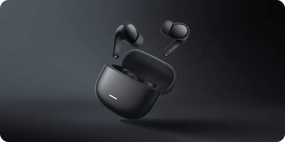 Xiaomi Redmi Buds 8 Lite neri sospesi sopra la custodia aperta